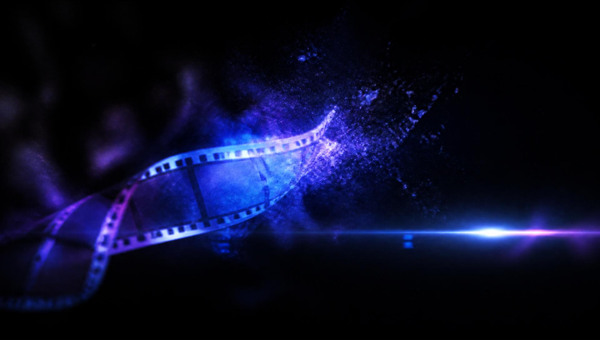 Cinematic film strip dissolving into blue and violet light